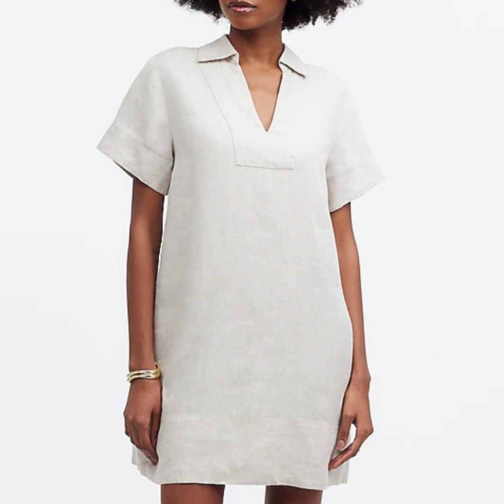 Madewell V Neck Mini Dress 100% Linen Natural Undyed Beige Pockets XS NWT